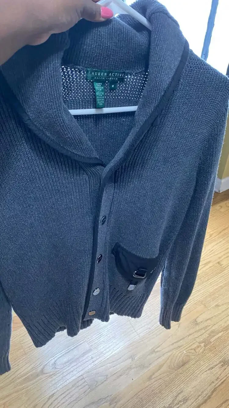 Ralph Lauren Ribbed Wool Blend Shawl Collar Cardigan with Nylon Pocket Detail